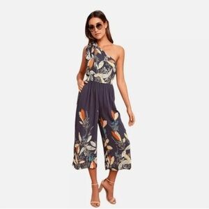 Free People Island Time Floral One Shoulder Cropped Wide Leg Jumpsuit